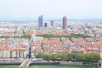 Panoramic view of the city of Lyon, taken from the basilica of Notre-Dame de Fourviere's roof, France
