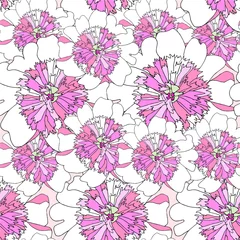 Fototapeten Peony seamless pattern. Pink white flower thin black outline background design element stock vector illustration for web, for print © danylyukk