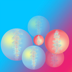 Fototapeta premium Christmas color balls. Happy New Year card. Christmas blue pink balls with the flower and openwork image. Background rainbow.