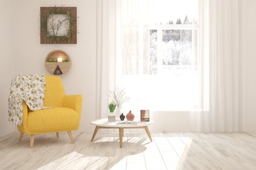 White room with armchair and winter landscape in window. Scandinavian interior design. 3D illustration