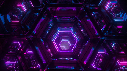 Flying through endless luminous tunnel. Construction with neon glowing hexagons. Hyper loop. Abstract creative futuristic background. Reflective surfaces. Modern colorful illumination. 3d rendering