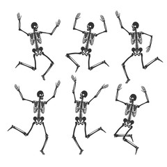 Set of dancing and jumping skeletons. Happy Halloween. 6 black silhouettes isolated on white background. Vector illustration