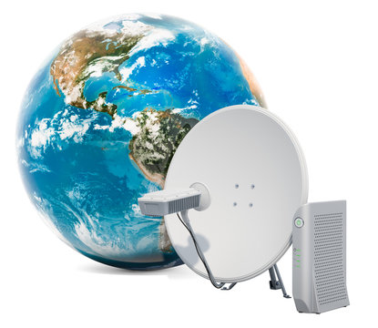 Global Satellite Internet Access Concept. Communication Satellite Dish With Satellite Modem. 3D Rendering