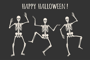 Dancing human skeletons. Happy Halloween. White skeleton silhouettes isolated on black background. Vector illustration