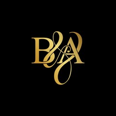 Initial letter B & A BA luxury art vector mark logo, gold color on black background.