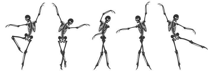 Ballet. Five dancing black silhouettes of skeletons isolated on a white background. Vector illustration - obrazy, fototapety, plakaty