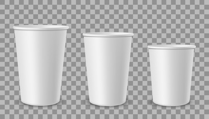 White paper cups. Cup for drinks, lemonade juice coffee tea ice cream container in different size. Empty 3d realistic vector mockup