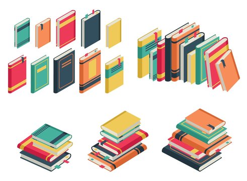 Isometric Book Set. Books School Library Publishing Dictionary Textbook Magazine Closed Page For Studying Vector Collection