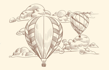 Sketch air balloon in clouds. Flight travel by air balloons with basket in cloudy sky. Doodle drawing vintage vector poster