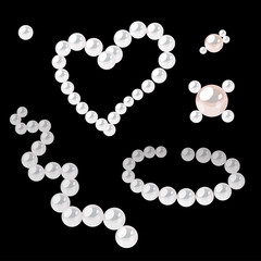 Set of pearl elements for decorating. Heart, wave necklace and few broches. Vector graphics isolated on black backround.