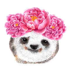 Cool sloth. T-shirt graphics. Watercolor illustration. Portrait of a cute sloth with wreaths on his head of flowers. Illustration for printing on t-shirts, cool children's clothing.