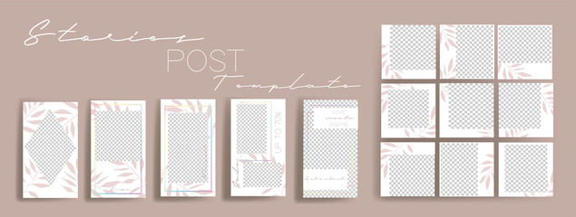 Design backgrounds for social media banner.Set of instagram stories and post frame templates.Vector cover. Mock up for personal blog or shop.Layout for promotion.Endless square puzzle layout 