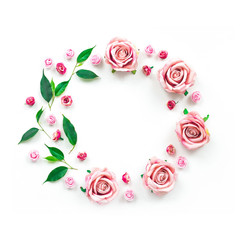 Flowers wreath on white background, flat lay, top view