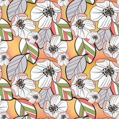 Seamless abstract pattern of colorful leaves and apricot white flowers of Apple trees, on a yellow-orange blurred gradient background.