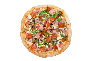 Italian cuisine. Fresh tasty pizza. Salami, mushrooms, paprika, ham, olives pizza isolated on white background.