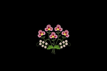 Pattern for embroidery of a small bouquet with delicate pink and white flowers with branches and leaves on a black background