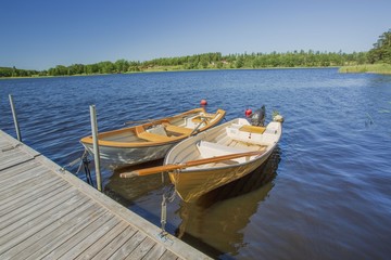 View of lake with two boats parked in shore on blue sky background. Beautiful nature landscape backgrounds.