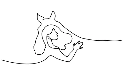 Fototapeten One line drawing. Horse and woman heads logo © Valenty