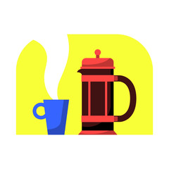 French press with coffee mug. Modern style flat cartoon vector illustration. Coffee pot for home interior design, poster, banner