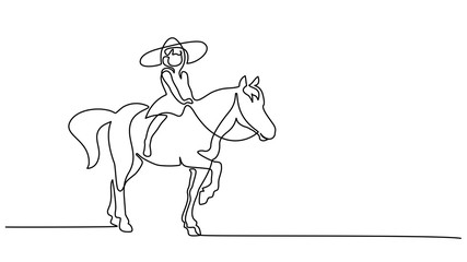 One line drawing. Small girl riding a horse