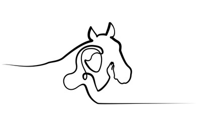 One line drawing. Horse and woman heads logo