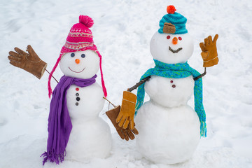 Theme Christmas holidays winter new year. Secrets fantasy. Enjoying nice weekend together. Funny Laughing Surprised snowman Portrait. Intimate moments for happy snowman lovers.