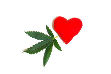 Marijuana leaf, hemp with red heart isolated on white background.