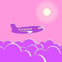 A passenger plane above the clouds against the evening sun