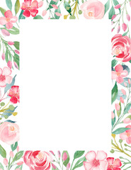 Flowers watercolor hand drawn raster frame template