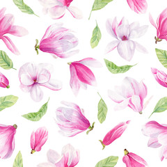Magnolia flowers and leaves hand drawn watercolor seamless pattern