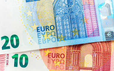 Euro banknotes in detail on table. bills of different denominations