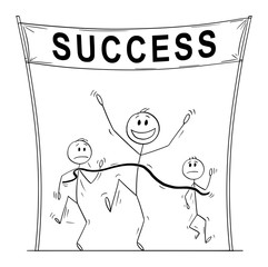 Vector cartoon stick figure drawing conceptual illustration of victorious man, who is first on the finish line of the race or rune and beating his slower business competitors.