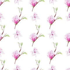 Magnolia tree branches hand drawn watercolor seamless pattern