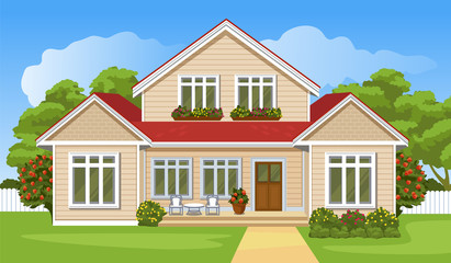 House with a lawn. Cartoon style background. Vector illustration.