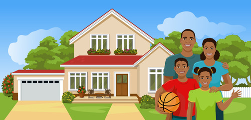 Obraz na płótnie Canvas Happy African American family near their new house. Smiling mom, dad, son and daughter are standing, behind them is a cottage with a yard and a lawn. Man, woman, girl, boy. Vector illustration