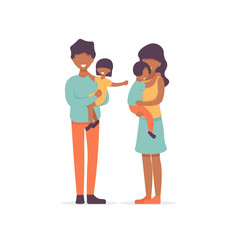 Parents hold their children in their arms, happy big family. Flat vector illustration.