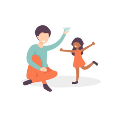 Happy father playing with daughter. Father plays airplane with his child. Flat vector illustration characters. Origami plane. Flat vector illustration.