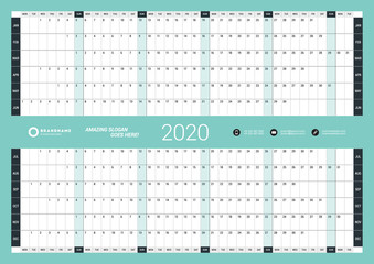 Wall calendar yearly planner template for 2020. Vector design print template. Week starts on Monday