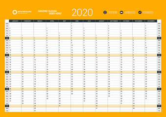 Wall calendar yearly planner template for 2020. Vector design print template. Week starts on Monday