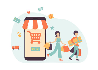 Happy couple doing online shopping together and carrying shopping bags, they used a mobile app on a smartphone and purchased goods in a virtual store. Flat vector illustration.