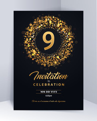 9 years anniversary invitation card template isolated vector illustration. Black greeting card template