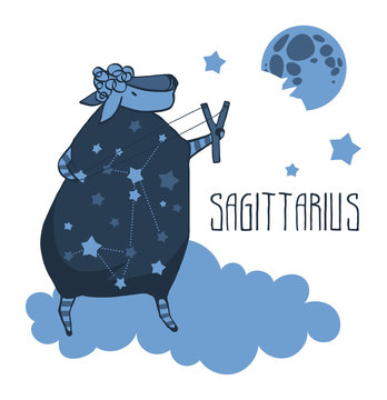 The cute, funny sheep on a cloud surrounded by stars in the image of the zodiac constellation. Sagittarius. Vector graphics.