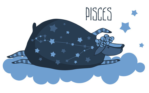 The cute, funny sheep on a cloud surrounded by stars in the image of the zodiac constellation. Pisces. Vector graphics.