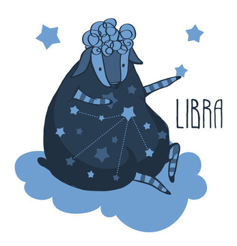 The cute, funny sheep on a cloud surrounded by stars in the image of the zodiac constellation. Libra. Vector graphics.