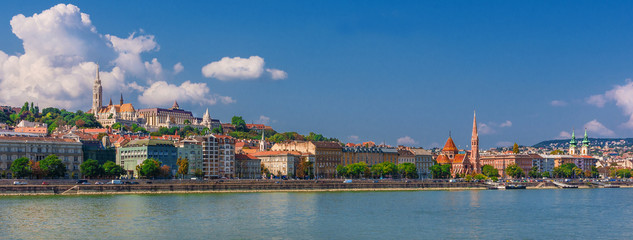 View of Budapest hill with Matthias Church, Fisherman's Bastion and River Danube
