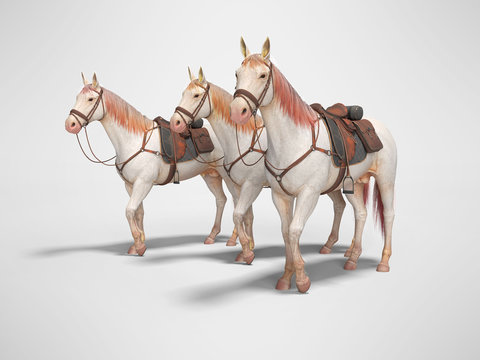 Three horses in bridle go 3d render on gray background with shadow