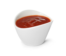 Bowl of tasty tomato sauce isolated on white