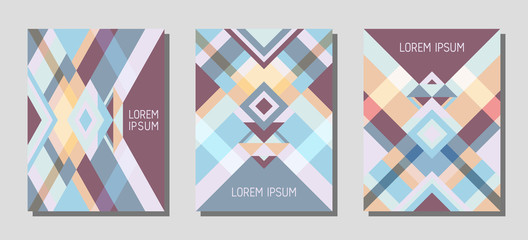 Obraz premium Cover page layout vector template geometric design with triangles and stripes pattern.
