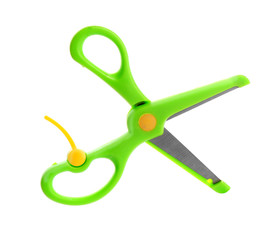 Pair of training scissors on white background