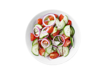 Fresh tasty salad with cucumber in bowl on white background, top view
